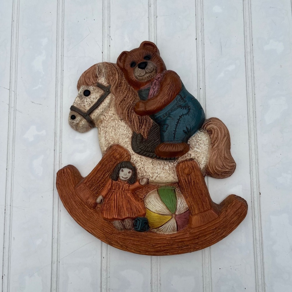 Vintage 1986 Frankie's Designs Teddy Bear Rocking Horse Wall Plaque Nursery Art